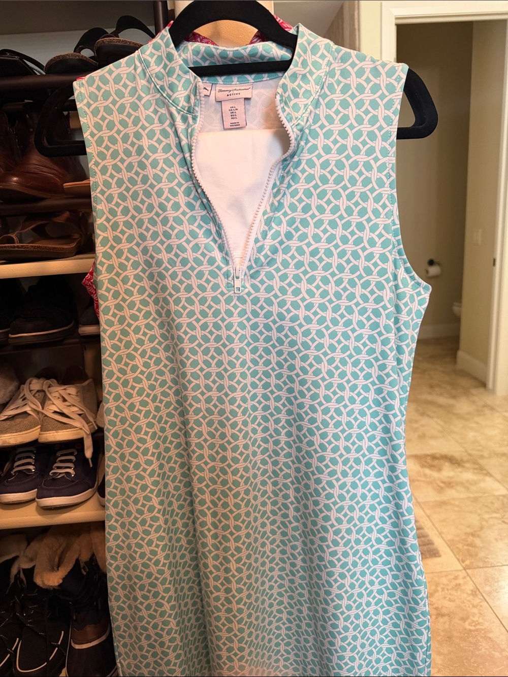 Tommy Bahama Aqua and White Geometric Sleeveless Golf Dress